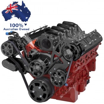 GM HOLDEN CHEVY LS 1,2,3 AND 6 ENGINE SERPENTINE KIT - AC AIR COMPRESSOR, ALTERNATOR & POWER STEERING PULLEY AND BRACKETS BLACK FINISH